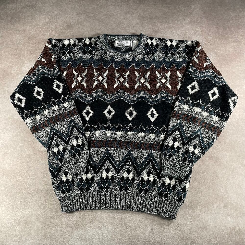 Vintage Michael Gerald Geometric Knit Sweater Large Grandpa Grandma Cosby